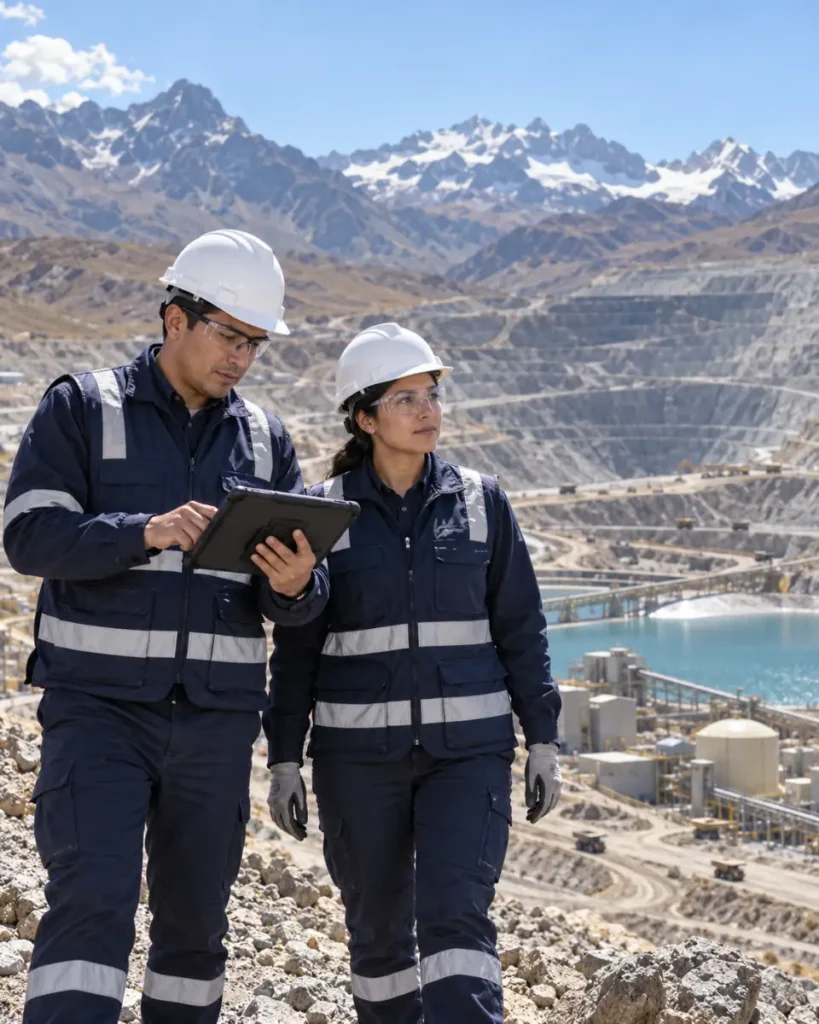 Ingenieros ambientales realizando una inspección técnica en una operación minera de los Andes peruanos.